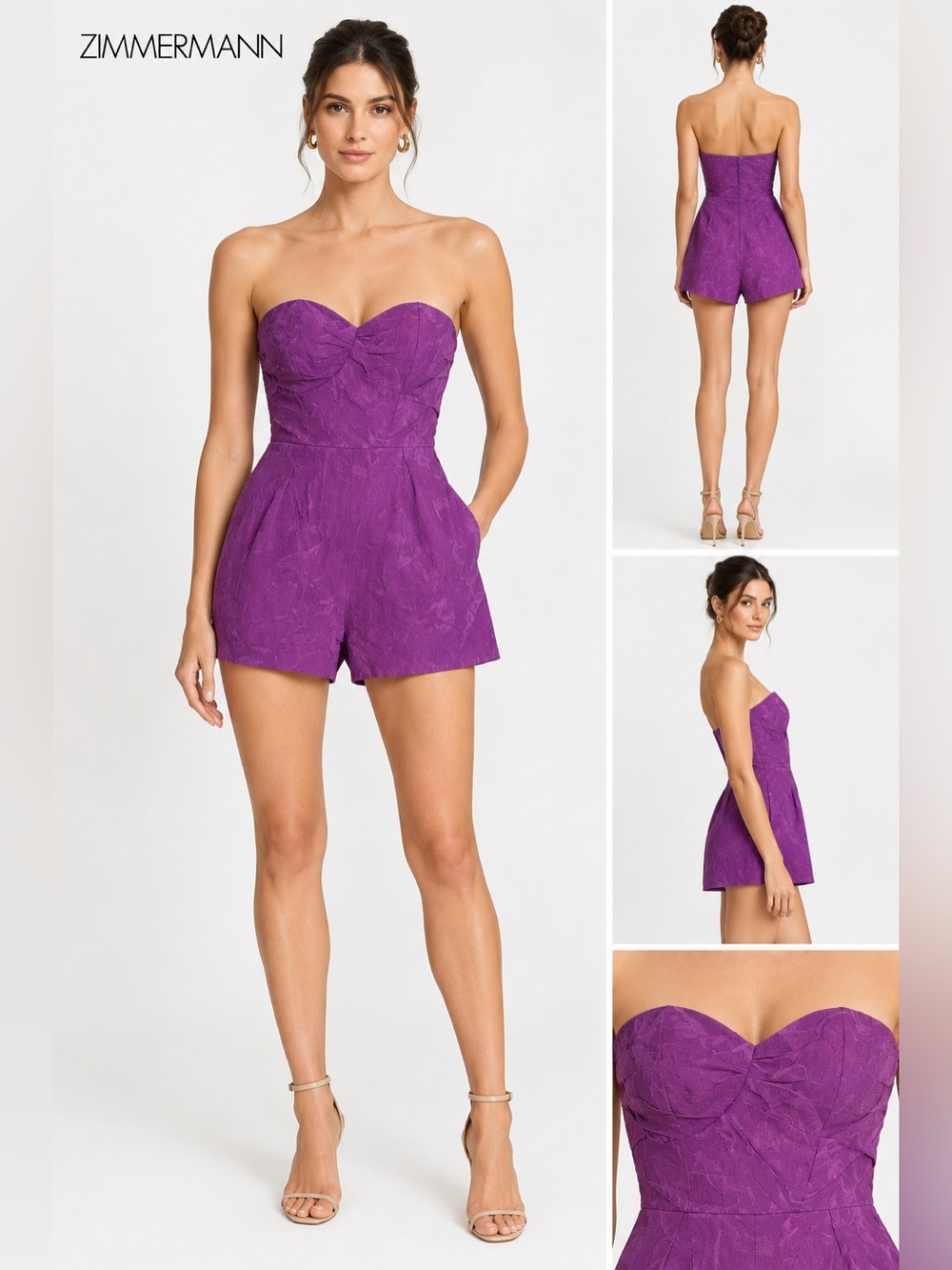Zimmermann Silk Strapless Playsuit Strapless Sweetheart Romper in Vibrant Purple